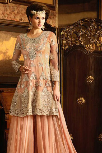 S-63 PEACH SYBELLA ANGELLIQUE WEDDING WEAR DRESS - Asian Party Wear