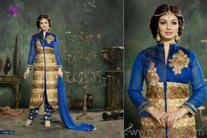 U1004 BLUE AND GOLD AYESHA TAKIA ANARKALI STYLE SALWAR KAMEEZ SUIT - Asian Party Wear