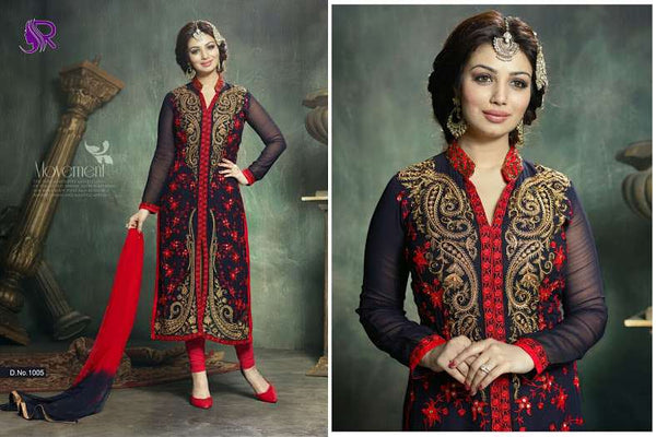 U1005 DARK BLUE AND RED AYESHA TAKIA ANARKALI STYLE SALWAR KAMEEZ SUIT - Asian Party Wear