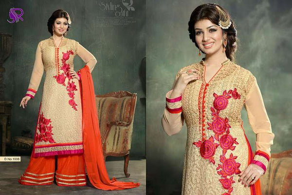 U1006 BEIGE AND ORANGE AYESHA TAKIA ANARKALI STYLE SALWAR KAMEEZ SUIT - Asian Party Wear