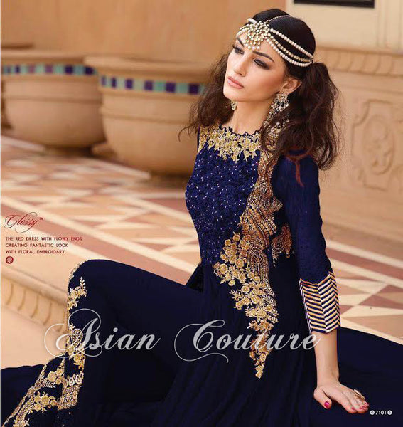 7101-C BLUE GLOSSY PARTY WEAR GEORGETTE DRESS - Asian Party Wear