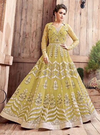 21003 ZOYA ENGAGED YELLOW CITRON HEAVY EMBELLISHED GOWN - Asian Party Wear