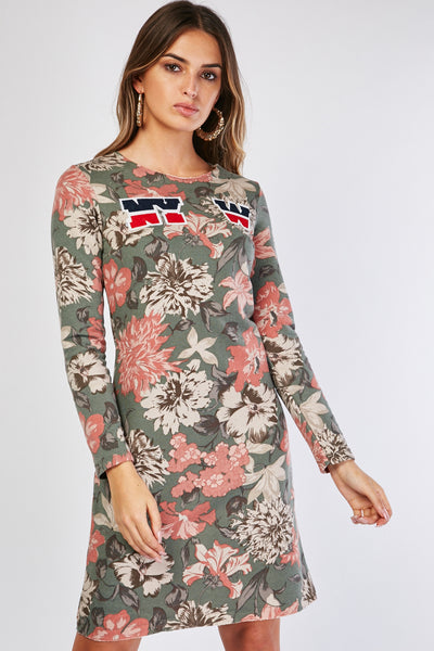 Olive Multi Flowery Printed Jersey Knit Dress - Asian Party Wear