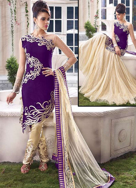 Violet and Gold ZOYA EMPRESS SPLASH VELVET LENGHAS DRESSES - Asian Party Wear