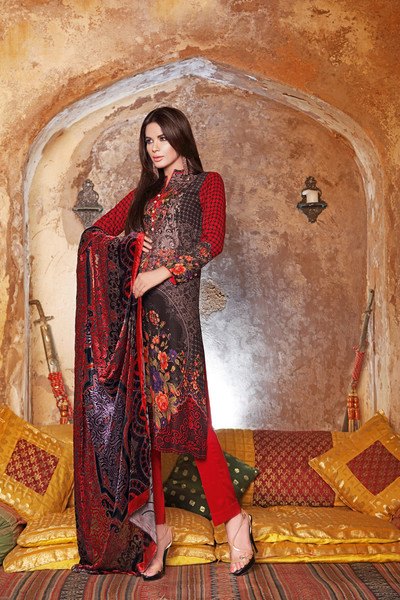 ZVL-18 RED SILK VELVET GUL AHMAD SALWAR KAMEEZ SUIT [ Replica ] - Asian Party Wear