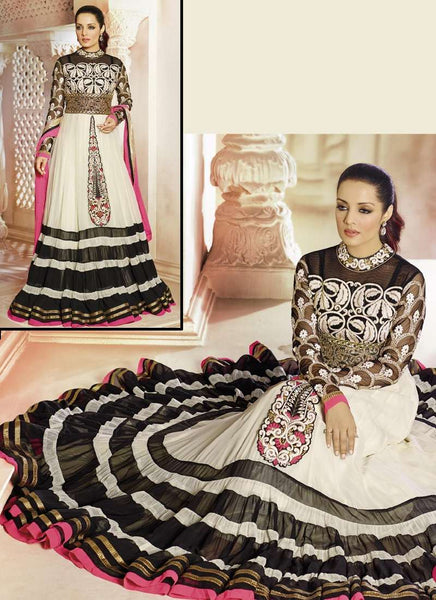 White and Black AAFREEN PARTY WEAR GEORGETTE ANARKALI LONG DRESS - Asian Party Wear