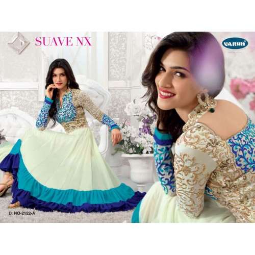 White and Blue KRITI SANON "SUAVE COLORS" WEDDING WEAR ANARKALI - Asian Party Wear