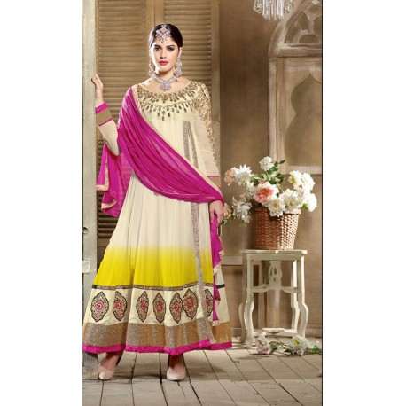 White and Yellow SHABANA BY SAINX DESIGNER WEAR ANARKALI - Asian Party Wear