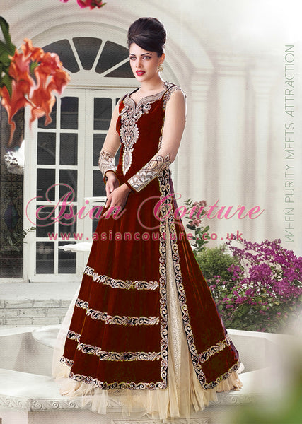 ZE10004 FIRED BRICK ZOYA EMPRESS VELVET DRESS (REPLICA) - Asian Party Wear