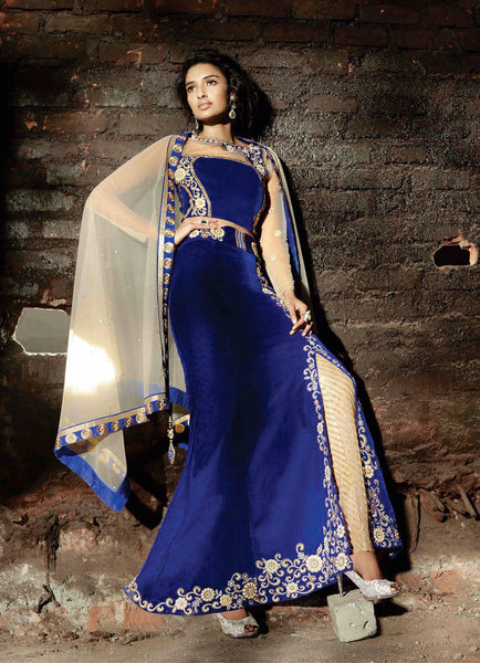 ZF15003 BLUE AND BEIGE ZOYA FEELINGS WEDDING WEAR VELVET DRESS - Asian Party Wear