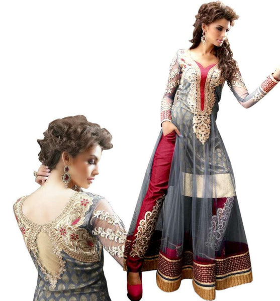 Zoya Lilac Grey Red Zoya Party Wear Anarkali Churidaar Suit - Asian Party Wear