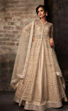 Beige Heavy Embroidered Indian Wedding Flared Dress - Asian Party Wear