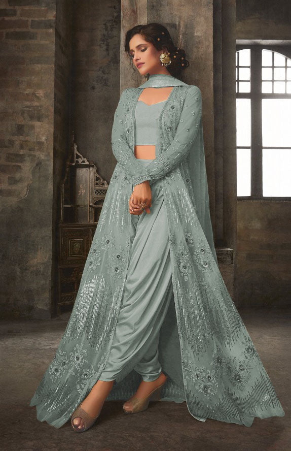 Greenish Grey Heavy Embroidered Indian Wedding Jacket Style Dress