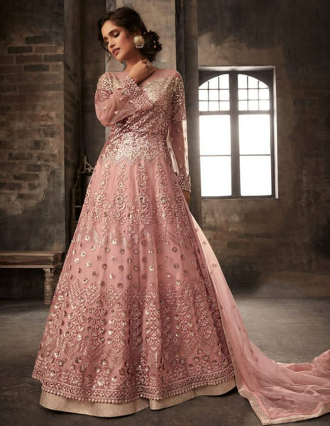 Rose Pink Detailed Embroidered Bridal Gown - Asian Party Wear