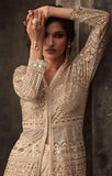 Beige Heavy Embroidered Indian Wedding Flared Dress - Asian Party Wear