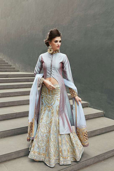 16007 SILVER STEEL ZOYA CRYSTAL WEDDING WEAR LEHENGA - Asian Party Wear